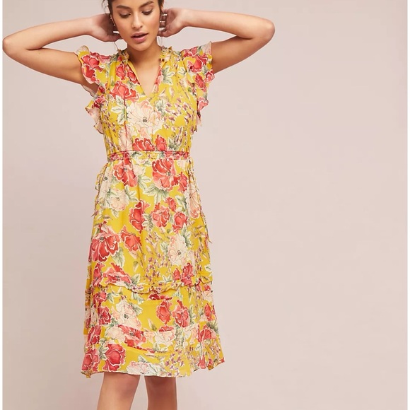 Anthropologie Dolan Left Coast Ellory Silk Dress Floral Yellow Ruffle XS - Picture 15 of 15
